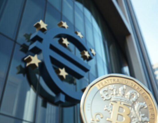 European Central Bank building in Frankfurt with Euro symbol and British Pound notes in foreground