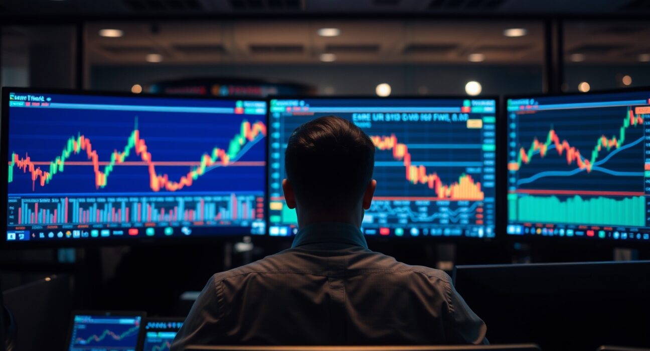 A financial trader monitoring EUR/USD exchange rate charts on multiple computer screens in a modern office.