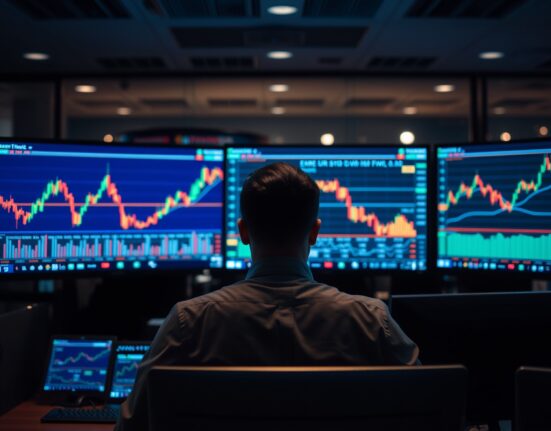 A financial trader monitoring EUR/USD exchange rate charts on multiple computer screens in a modern office.