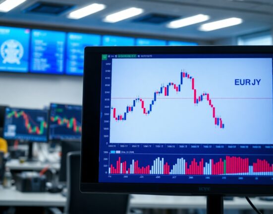 EUR/JPY forex chart showing downward movement on trading screen