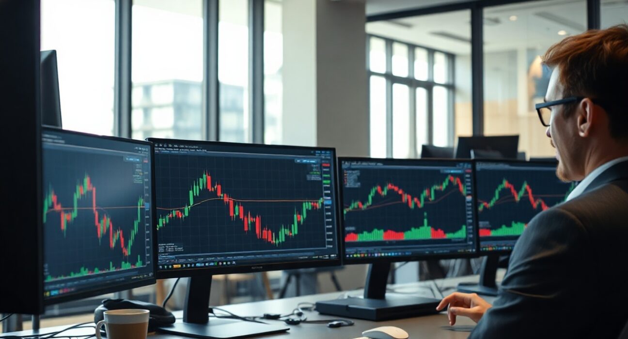 Forex trading desk with EUR/USD charts on monitors in a modern financial office.