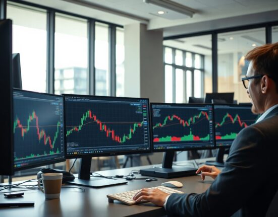 Forex trading desk with EUR/USD charts on monitors in a modern financial office.