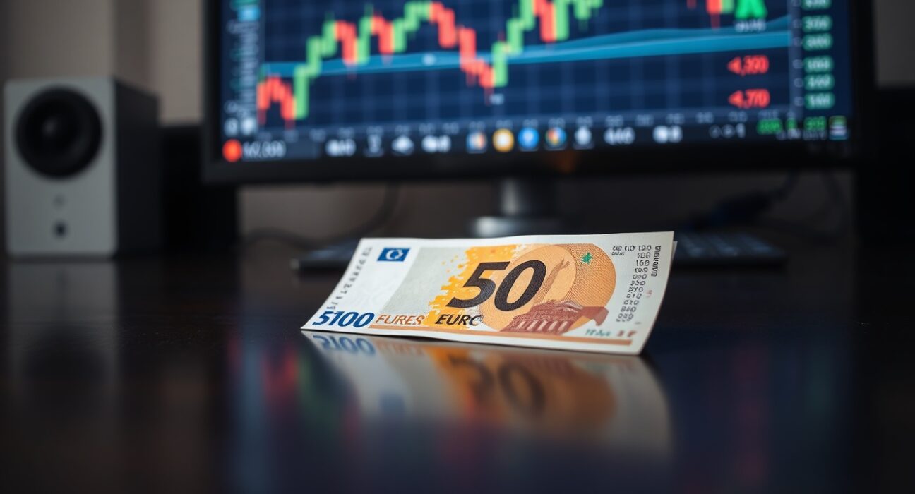 Euro banknote on desk with financial charts in background