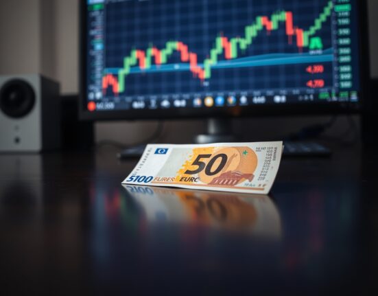 Euro banknote on desk with financial charts in background