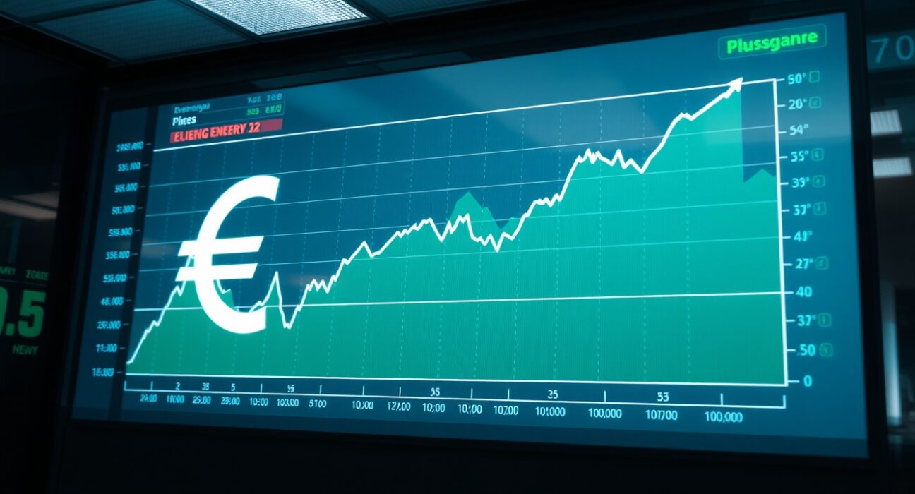 Digital screen showing energy price graph and Euro symbol on a trading floor