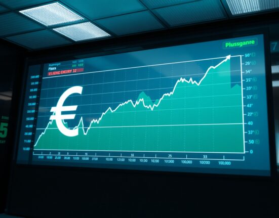 Digital screen showing energy price graph and Euro symbol on a trading floor