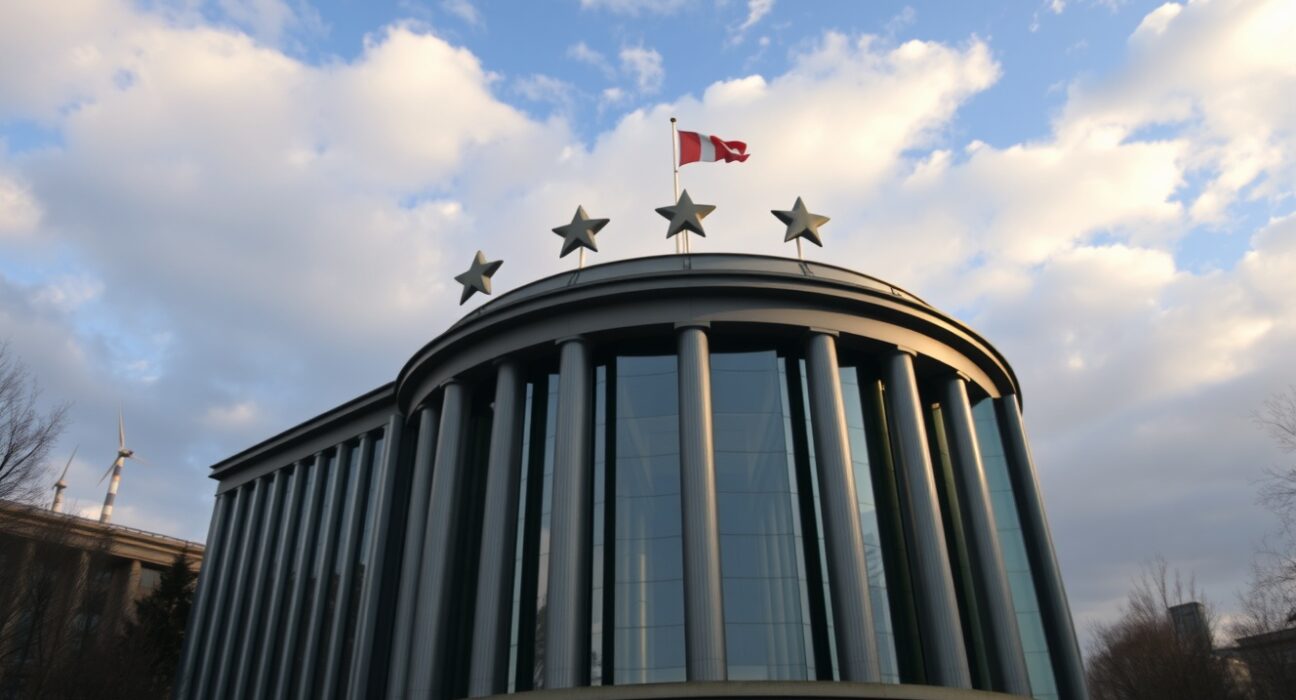 European Central Bank headquarters in Frankfurt under partly cloudy sky, representing euro and energy risk analysis.