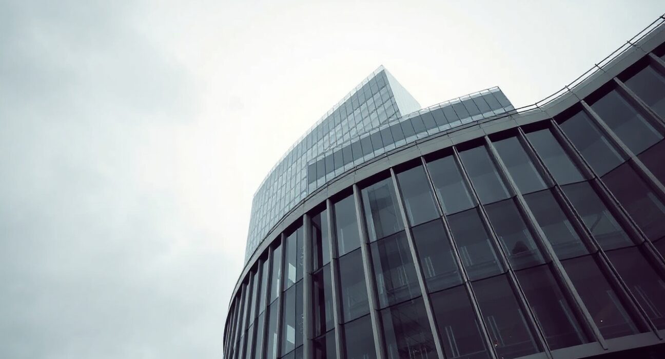 European Central Bank headquarters in Frankfurt on a cloudy day, reflecting economic uncertainty.