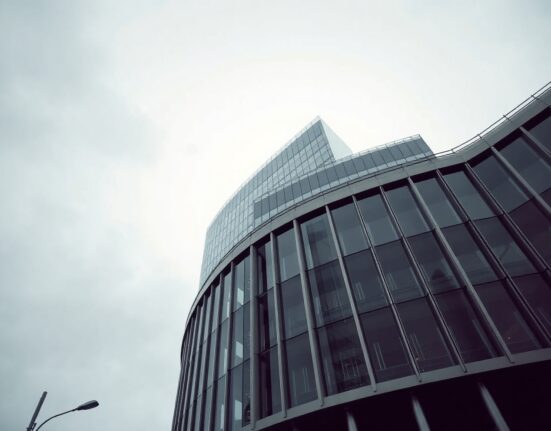 European Central Bank headquarters in Frankfurt on a cloudy day, reflecting economic uncertainty.