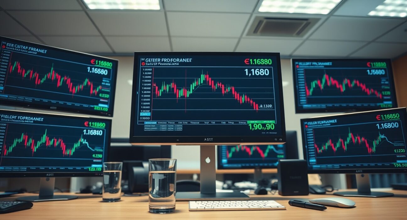 Financial trading desk with monitors showing declining EUR/USD exchange rate charts