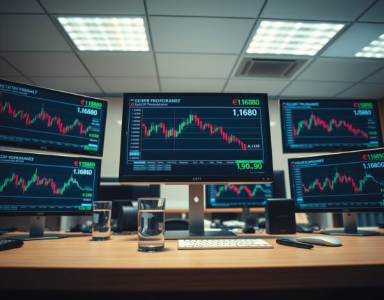 Financial trading desk with monitors showing declining EUR/USD exchange rate charts