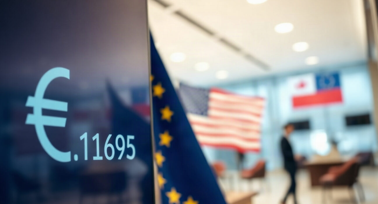 EUR/USD exchange rate display showing the euro below 1.1700 against the US dollar