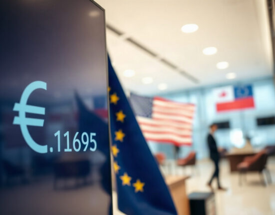 EUR/USD exchange rate display showing the euro below 1.1700 against the US dollar