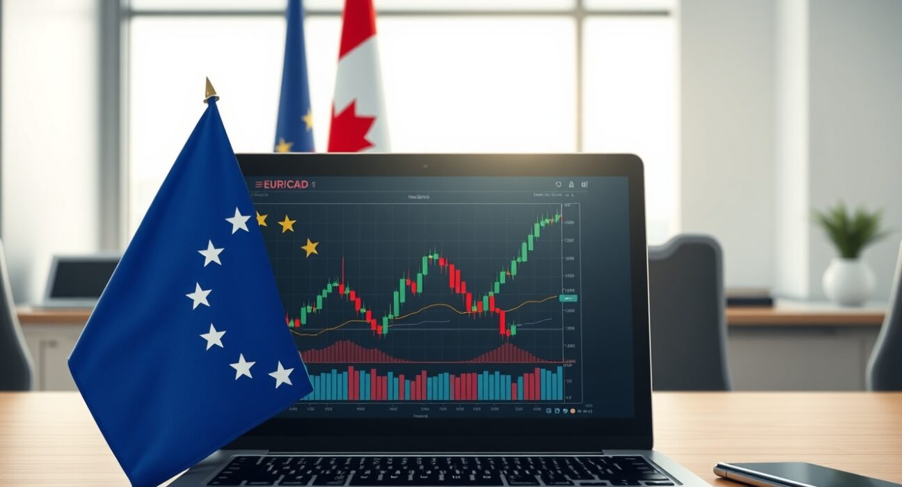 EU and Canadian flags on a desk with a laptop showing EUR/CAD chart