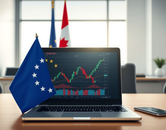 EU and Canadian flags on a desk with a laptop showing EUR/CAD chart