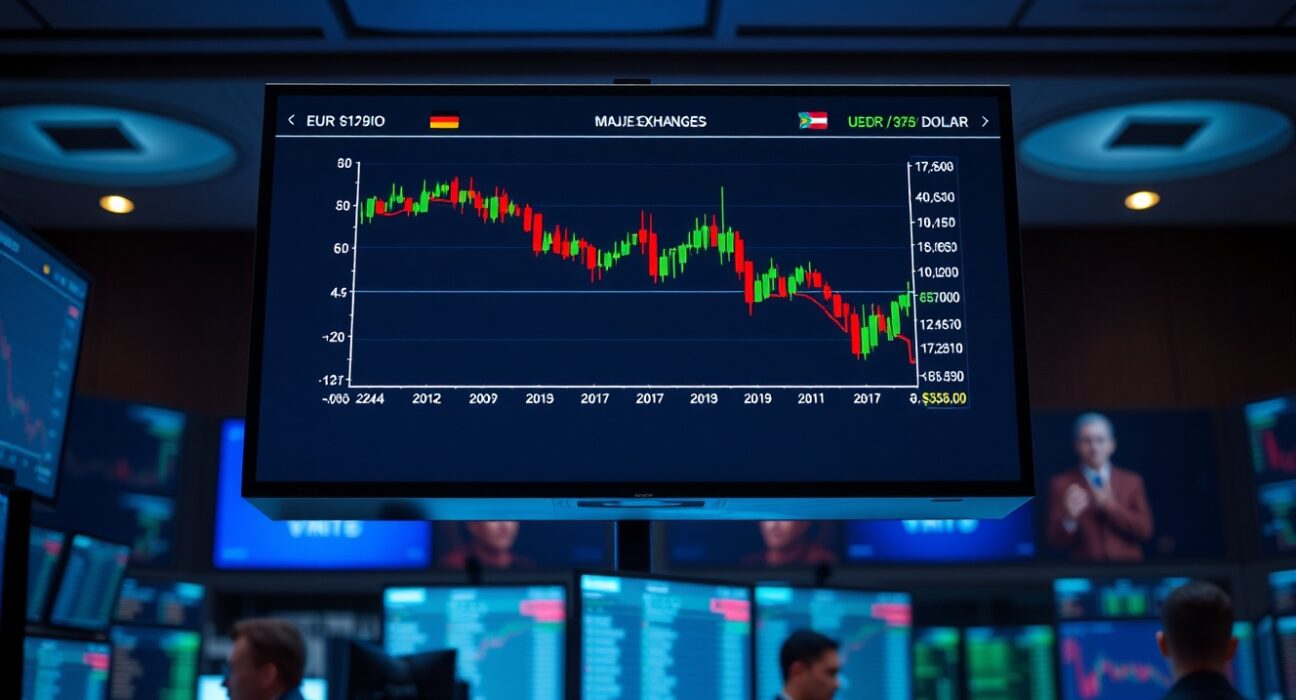EUR/USD chart showing decline on trading floor monitors amid hawkish Fed expectations