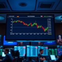 EUR/USD chart showing decline on trading floor monitors amid hawkish Fed expectations