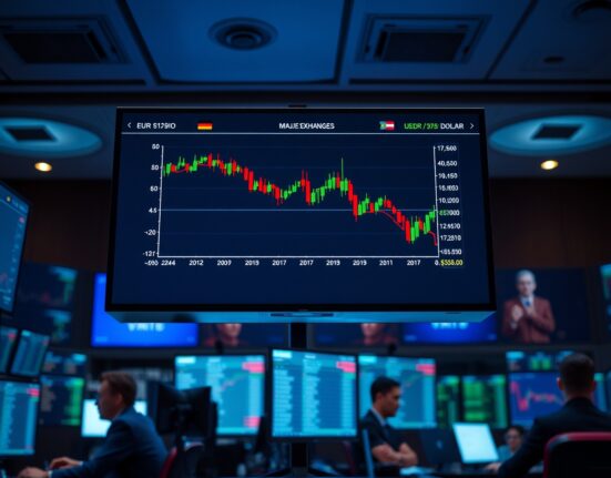 EUR/USD chart showing decline on trading floor monitors amid hawkish Fed expectations