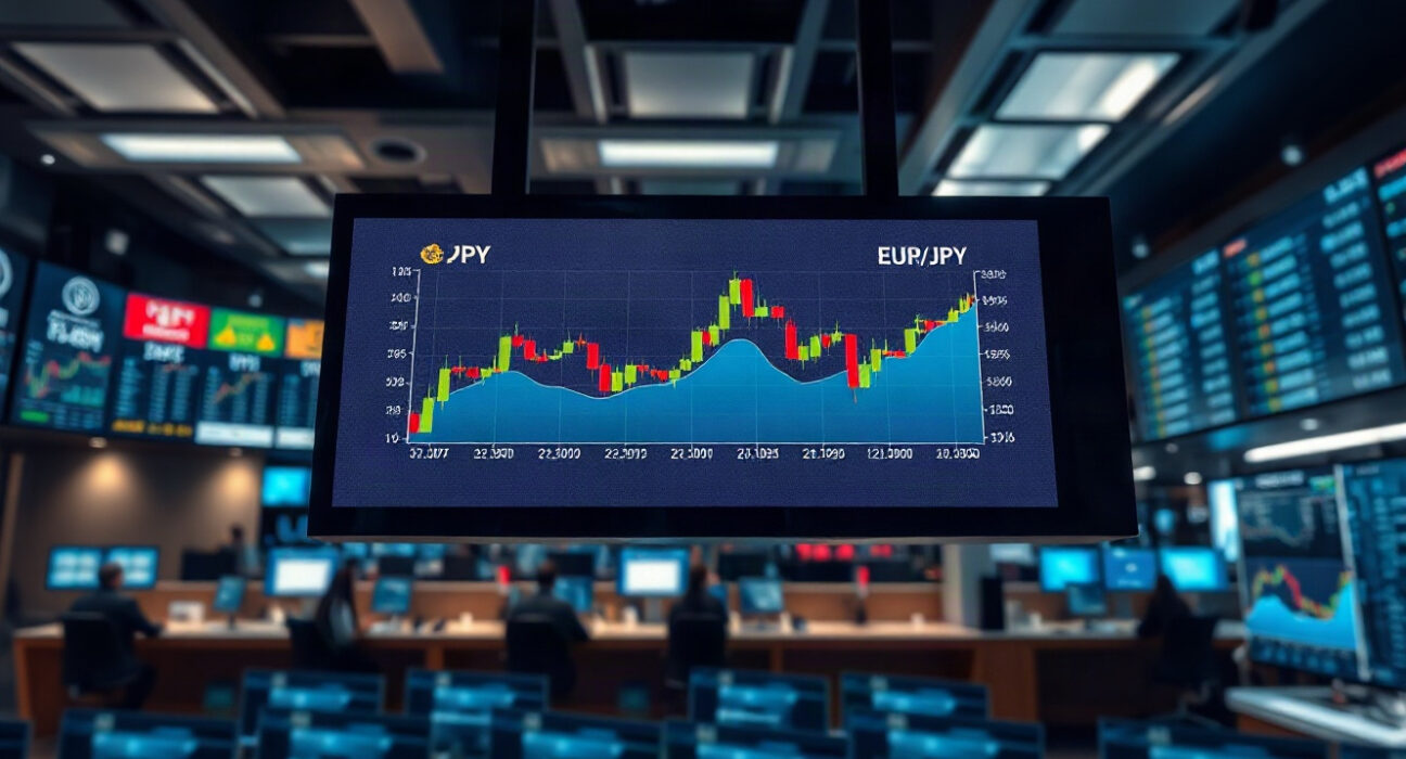 Trading screen showing EUR/JPY exchange rate charts on a financial floor