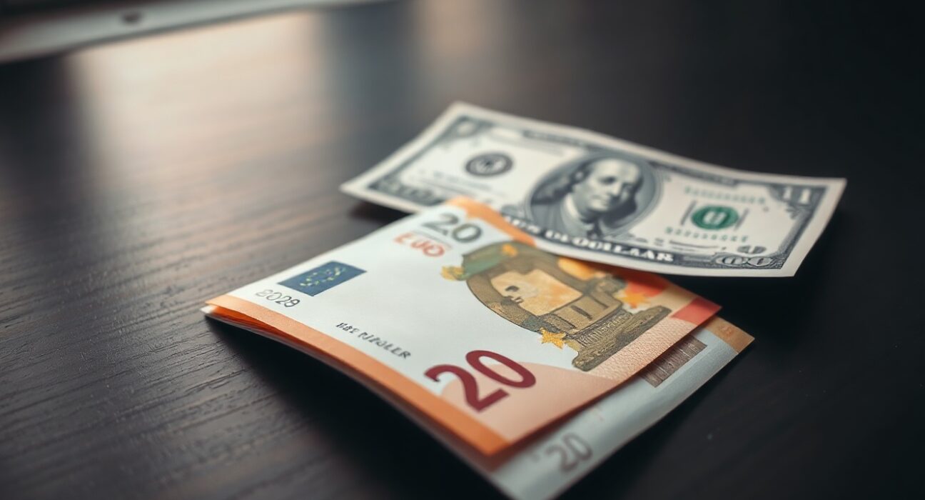 Euro banknote and US dollar bill on desk, representing currency exchange rate decline