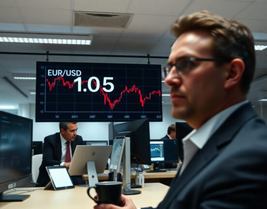 Financial trading floor screen showing EUR/USD exchange rate chart declining to one-year low