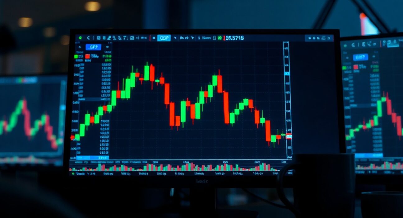 Digital trading screen showing EUR/GBP chart with downward trend after Eurozone GDP data release.
