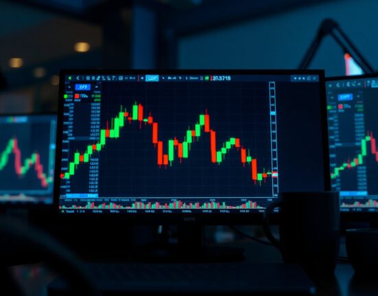Digital trading screen showing EUR/GBP chart with downward trend after Eurozone GDP data release.