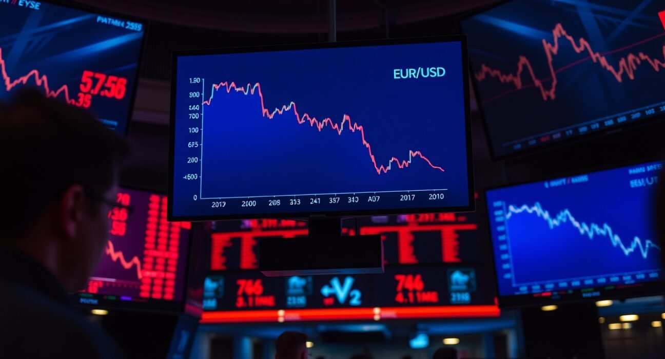 Trading floor screens showing euro-dollar chart declining as risk aversion rises