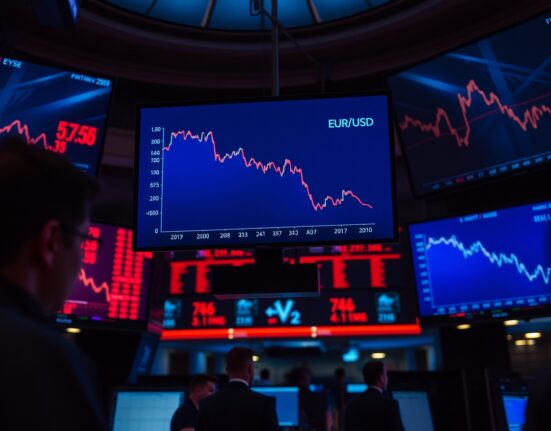 Trading floor screens showing euro-dollar chart declining as risk aversion rises