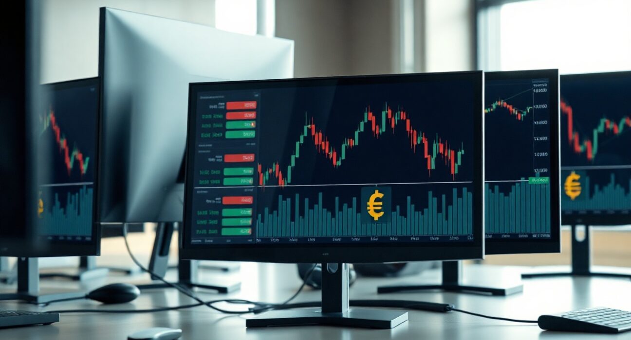 Trading monitor showing EUR/USD currency pair chart with euro declining against the US dollar