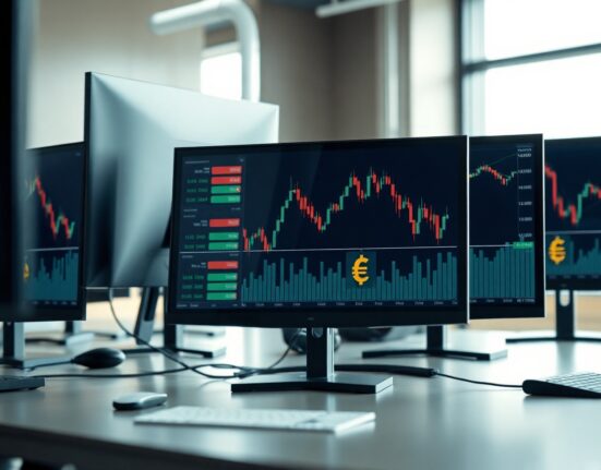 Trading monitor showing EUR/USD currency pair chart with euro declining against the US dollar