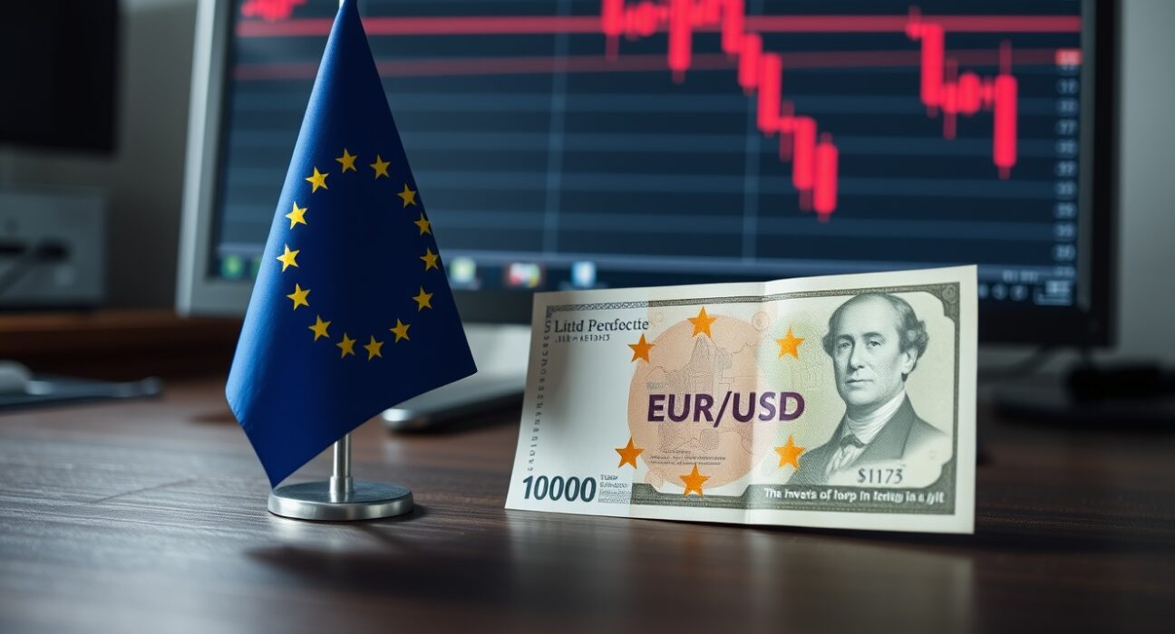 Euro and US dollar banknotes with a declining EUR/USD forex chart on a monitor in the background.