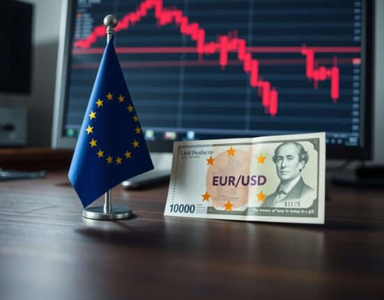Euro and US dollar banknotes with a declining EUR/USD forex chart on a monitor in the background.