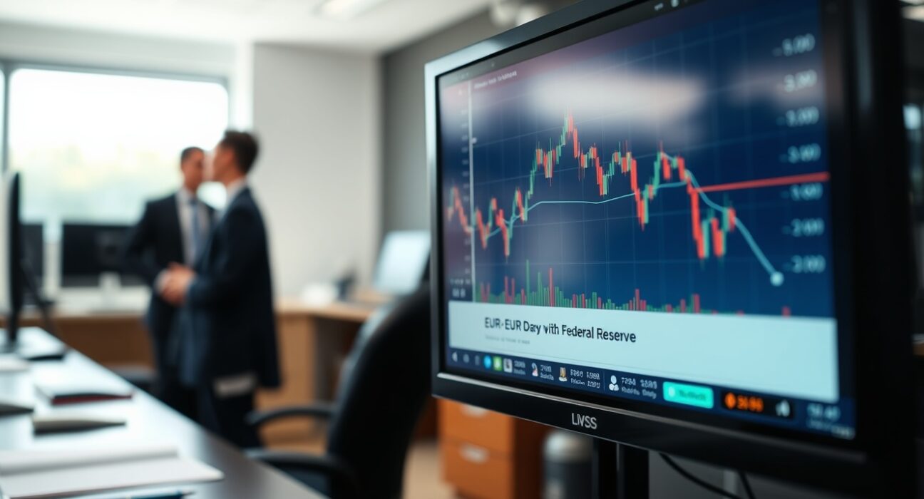 EUR/USD chart on a trading screen with analysts in the background, representing ING's forex analysis.