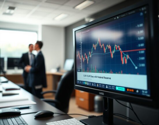 EUR/USD chart on a trading screen with analysts in the background, representing ING's forex analysis.