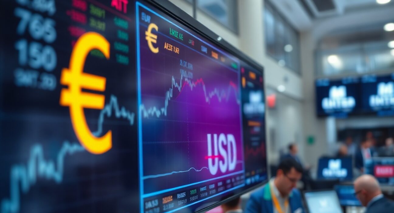 EUR/USD currency exchange chart on a trading screen with Euro and Dollar symbols