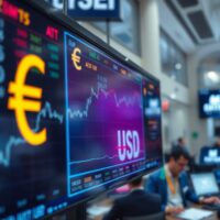EUR/USD currency exchange chart on a trading screen with Euro and Dollar symbols