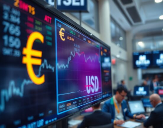 EUR/USD currency exchange chart on a trading screen with Euro and Dollar symbols