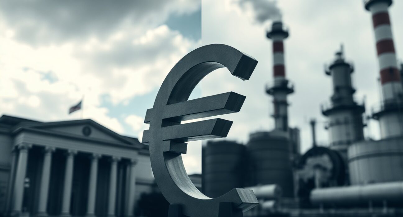 Euro symbol in foreground with ECB building and industrial energy facilities blurred in background