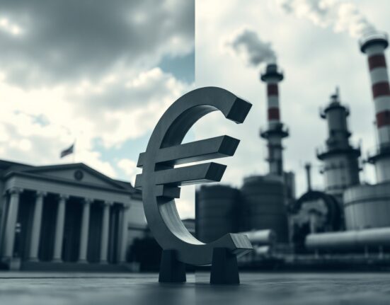 Euro symbol in foreground with ECB building and industrial energy facilities blurred in background