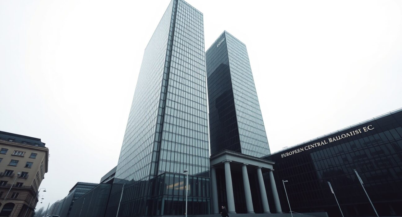 European Central Bank headquarters in Frankfurt, Germany, under overcast sky.