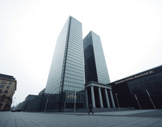 European Central Bank headquarters in Frankfurt, Germany, under overcast sky.