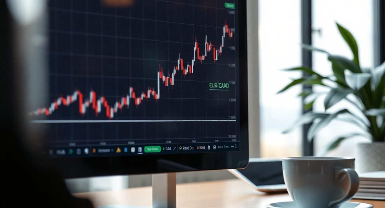 EUR/CAD exchange rate chart showing an upward trend on a computer screen in a modern office.