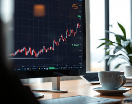 EUR/CAD exchange rate chart showing an upward trend on a computer screen in a modern office.