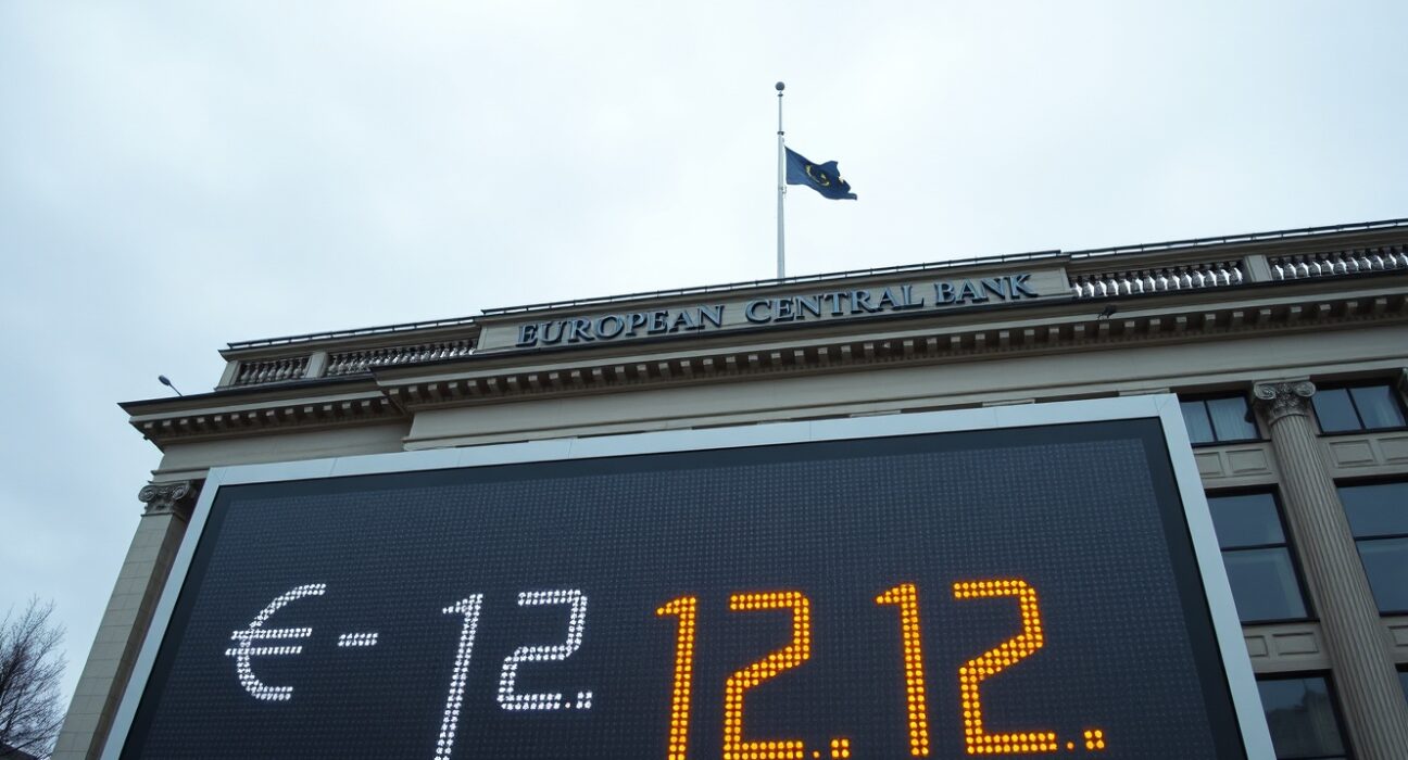 European Central Bank building in Frankfurt with EUR/USD exchange rate displayed on digital board