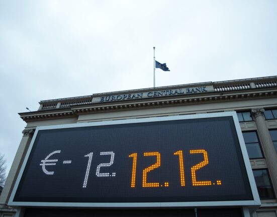 European Central Bank building in Frankfurt with EUR/USD exchange rate displayed on digital board