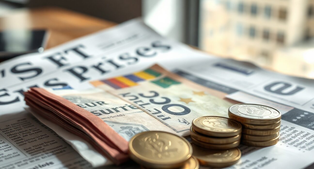 Euro banknotes and coins on a financial newspaper with a stock chart in the background.