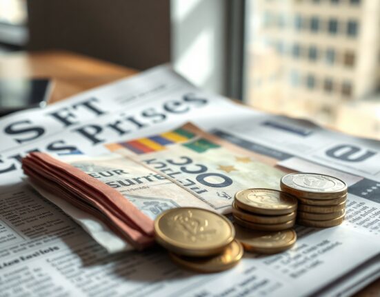 Euro banknotes and coins on a financial newspaper with a stock chart in the background.
