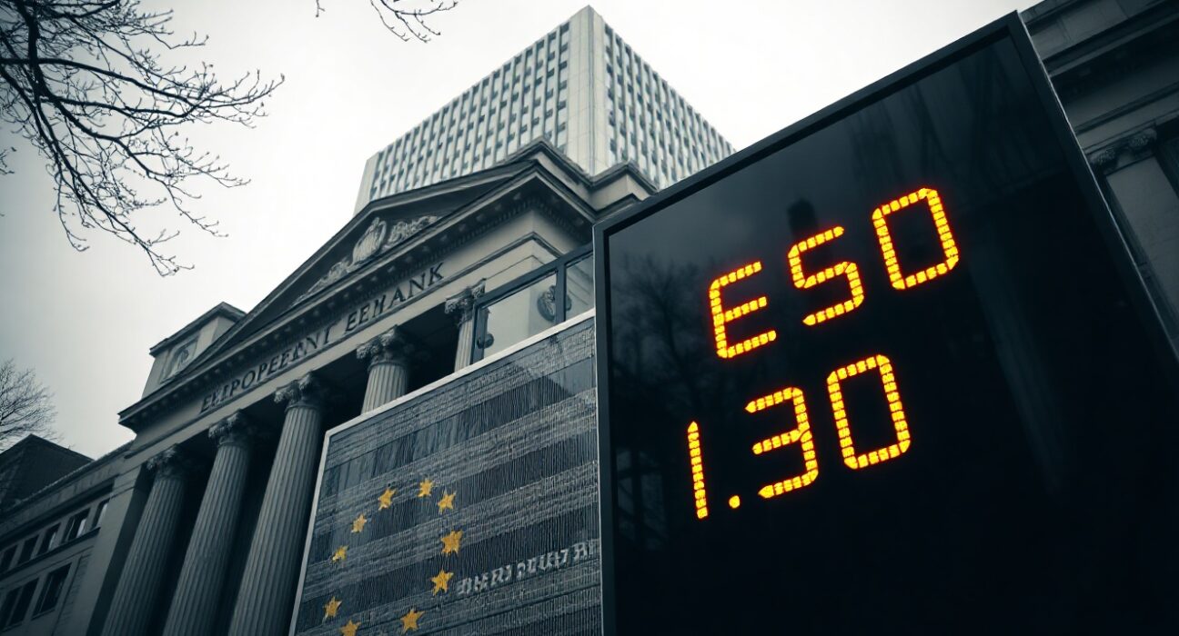Euro currency symbol on a digital board in front of the European Central Bank building in Frankfurt