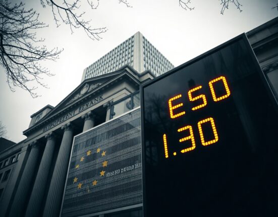 Euro currency symbol on a digital board in front of the European Central Bank building in Frankfurt